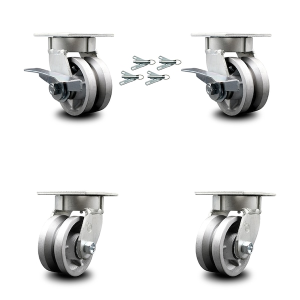 Service Caster 4 Inch Kingpinless V Groove Semi Steel Wheel Caster Swivel Locks 2 Brakes, 4PK SCC-KP30S420-VGR-SLB-BSL-2-BSL-2 - main